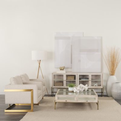 Alternative view of Arelius 42" Square Glass-Top White Wood w/ Gold Metal Base Display Coffee Table