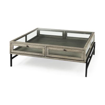 Arelius 42" Square Glass-Top Gray Wood w/ Black Metal Base Display Coffee Table