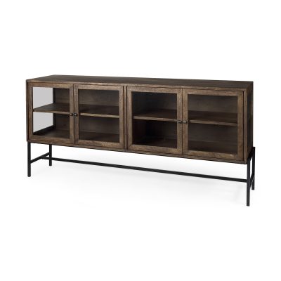 Arelius 70L x 18.75W x 32H Medium Brown, Black Metal Base w/ 4 Glass Door Cabinets Sideboard