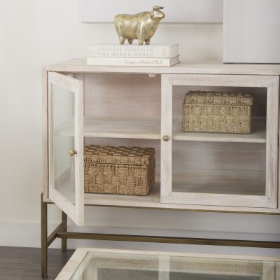 Alternative view of Arelius 36L x 18W x 32H White Wood, Gold Metal Base w/ 2 Glass Doors Accent Cabinet