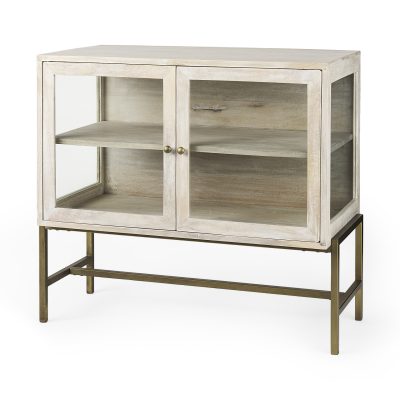 Arelius 36L x 18W x 32H White Wood, Gold Metal Base w/ 2 Glass Doors Accent Cabinet