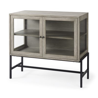 Arelius 36L x 18W x 32H Gray Wood, Black Metal Base w/ 2 Glass Doors Accent Cabinet