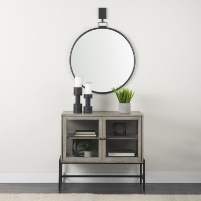 Alternative view of Arelius 36L x 18W x 32H Gray Wood, Black Metal Base w/ 2 Glass Doors Accent Cabinet