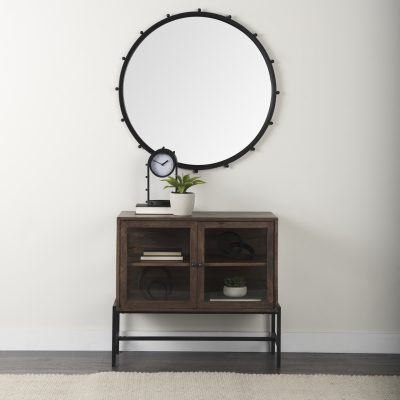 Alternative view of Arelius 36L x 18W x 32H Medium Brown Wood, Black Metal Base w/ 2 Glass Doors Accent Cabinet
