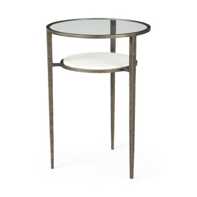Felicity 15.8L X 15.8W X 22.5H Glass Top W/ White Marble Shelf and Antique Gold Base End/Side Table