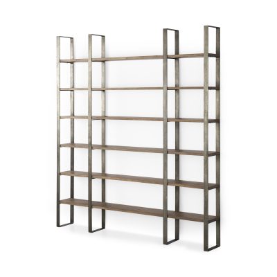 Taunton 80L x 10.5W x 90H Medium Brown Wood W/ Antique Nickel Metal Frame 6 Tier Shelving Unit