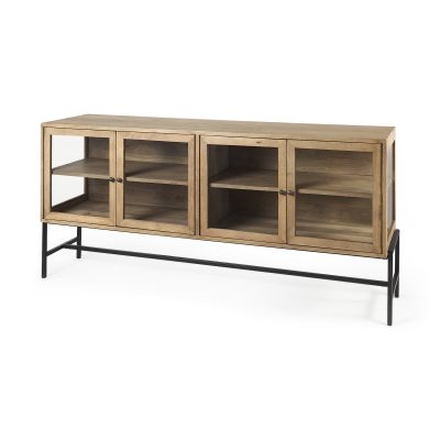Arelius 70L x 18.75W x 32H Light Brown Wood, Black Metal Base w/ 4 Glass Cabinet Doors Sideboard