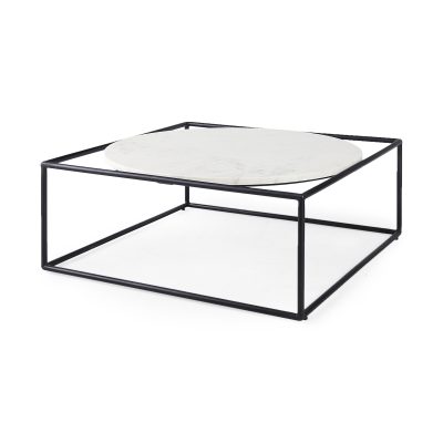 Austen 36L x 36W x 14.5H Round White Marble Top W/ Black Metal Frame Coffee Table