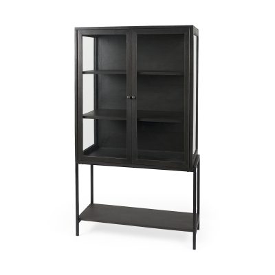 Arelius 36L x 18.75W x 63H Black-Brown Wood W/ Black Metal Base Display Cabinet