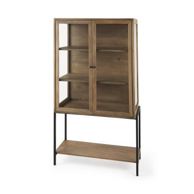 Arelius 36L x 18.75W x 63H Light Brown Wood W/ Black Metal Base Display Cabinet