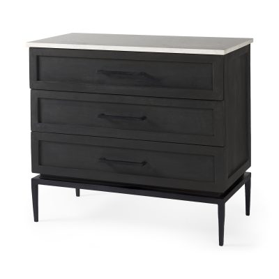 Divina Black-Brown Wood w/ White Marble Top and Black Metal Base Accent Cabinet