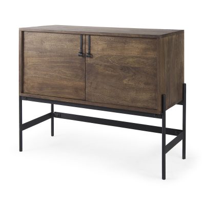 Glenn 38L x 16W x 30H Dark Brown Wood w/ Black Iron Frame, 2 Door Accent Cabinet