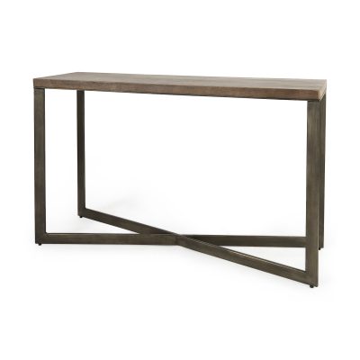 Faye 50L x 15W x 30H Medium Brown Wood W/Antique Nickel Metal Base Console Table