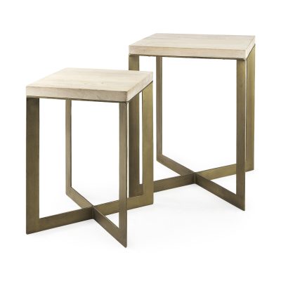 Faye (Set of 2) 19L x 19W x 26H Beige Finished Wood W/ Gold Metal Base Accent Tables