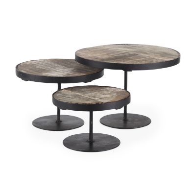 Lorenz (Set of 3) Light Brown Wood W/ Black Metal Base Round Decorative Display Stands