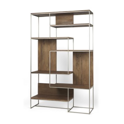 Morris III 47.25 X 15 X 75.5  Brown Wood and Silver Metal Frame 6 Shelf Shelving Unit