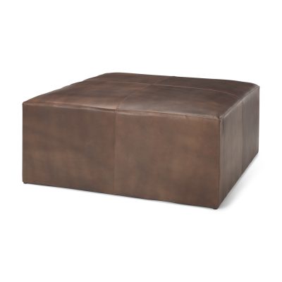 Minara 36" Square Brown Leather Wrapped w/Wood Base Ottoman