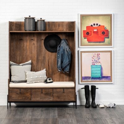 Alternative view of Glenn V 56L x 17W Dark Brown Wood w/ Cream Fabric Seat, 3 Drawers Hall Tree