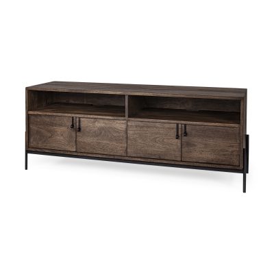 Glenn IV Dark Brown Wood w/ Black Iron Frame Media Console w/ Storage, TV Stand for TV up to 71"