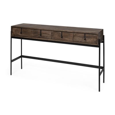 Glenn III 56L x 14W Dark Brown Wood w/ Black Iron Frame, 4 Drawer Console Table