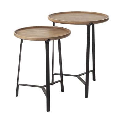Helios III 20L x 24H Set of Two Round Brown Solid Wood Iron Base Nesting End/Side Tables