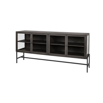 Arelius 70L x 18.75W x 32H Black-Brown Wood, Black Metal Base w/ 4 Glass Cabinet Doors Sideboard