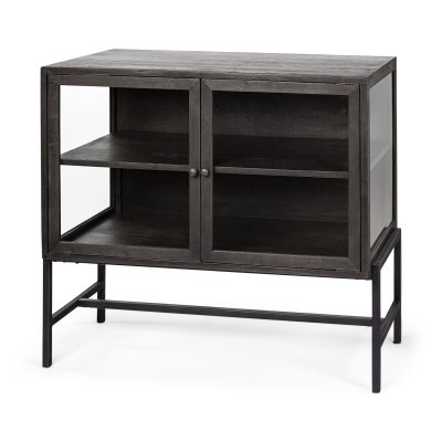 Arelius  36L x 18W Black-Brown Wood, Black Metal Base w/ 2 Glass Doors Accent Cabinet