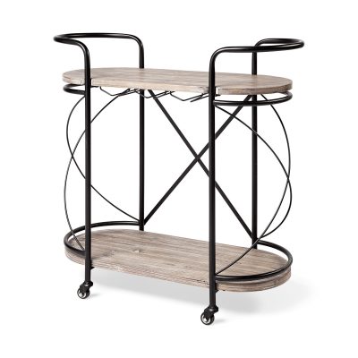 Marlon Black Metal Frame Two Tier Shelves w/Stemware holder Bar Cart