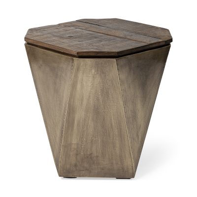 Esagono Octagonal Gold Metal-Clad Reclaimed Wood End/Side Table w/ Storage