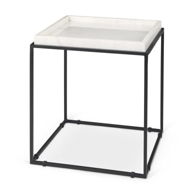 Nathan II 18" x 20" Square Top White Marble and Black Metal End/Side Table