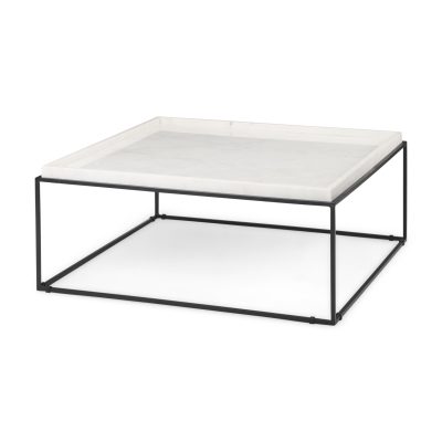 Nathan 36"x36" Square White Marble Top Black Metal Base Coffee Table