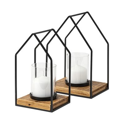Leopold Set of Two Black Metal Wooden Base Table Candle Holders