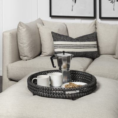 Alternative view of Decatur II 21L x 21W Black Wooden Bead Mirrored Bottom Round Tray