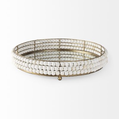 Alternative view of Decatur I 21L x 21W White Wooden Bead Mirrored Bottom Round Tray