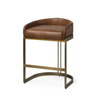 Hollyfield II Brown Leather Seat Gold Metal Base Stool
