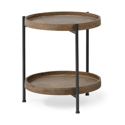 Kade III 16.9" Round Top Natural Brown Wood and Gray Metal Frame Tray-Style End/Side Table