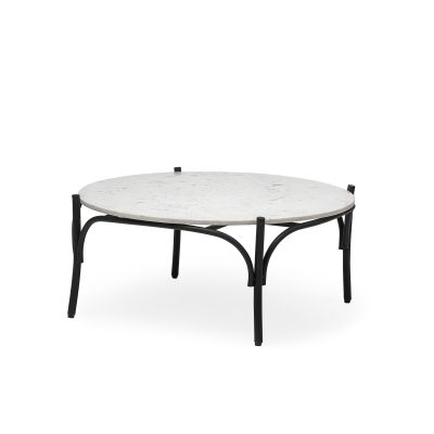 Etienne 36" Round White Marble Top Black Metal Base Coffee Table