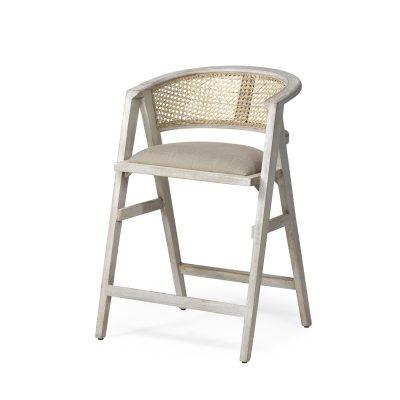 Tabitha 26.75" Seat Height Beige Fabric/Rattan Seat Blonde Wood Frame Counter Stool