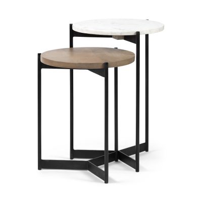 Larkin II Marble and Medium Brown Wood Round Tabletop Nesting End/Side Tables