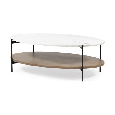 Larkin 48" Oval White Marble Top and Solid Wood Shelf w/ Black Metal Frame Coffee Table