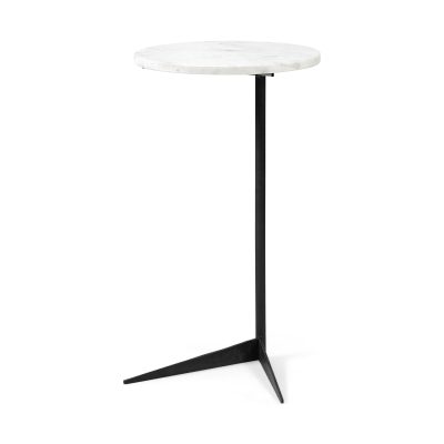 Ballatine II 15L x 15W x 27L White Marble Round Top White w/ Black Metal Base Accent Table