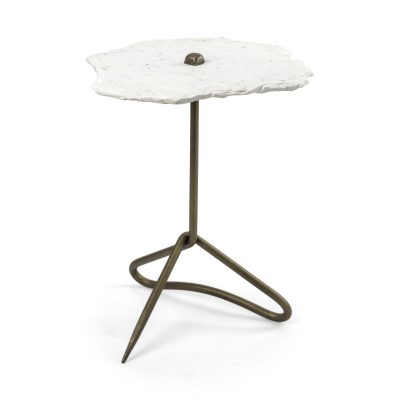 Pinera II 19L x 19W White Marble W/ Triangluar Gold Iron Base Accent Table