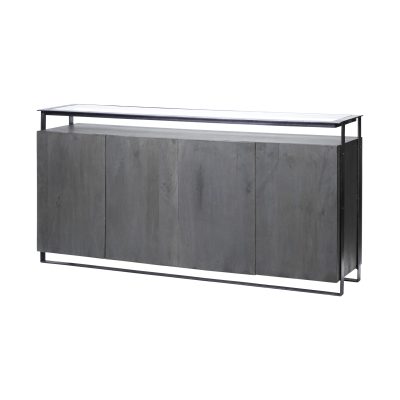 Vidro III 72  x 18 x 36 Glass Top Gray 4 Solid Wood Cabinets Metal Frame Sideboard
