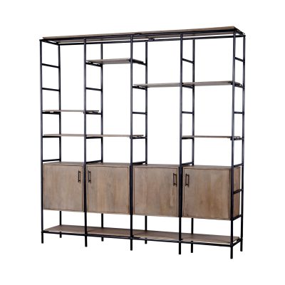 Darius 82L x 16.5W x 90H Medium Brown Wood and Metal Multi-Shelf Shelving Unit