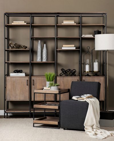 Alternative view of Darius 82L x 16.5W x 90H Medium Brown Wood and Metal Multi-Shelf Shelving Unit