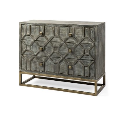 Genevieve I 39L x 16W Gray Fir Veneer And Metal Base 3 Drawer Accent Cabinet