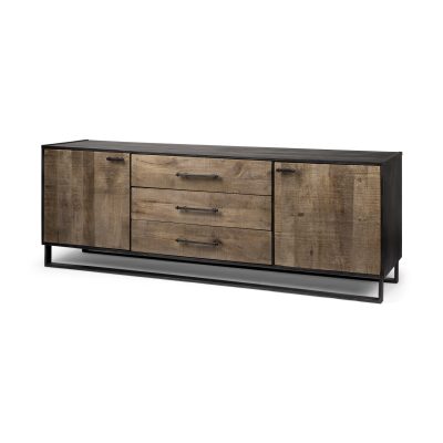 Alvin 82x20 Brown Solid Wood With Black Metal Frame 3 Drawer 2 Cabinet Door Sideboard