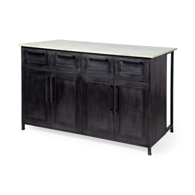 Fieri Solid Iron Black Body White Marble Top Four Drawer Kitchen Island