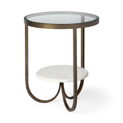 Reinhardt II 20" Round Glass Top Metal and Marble Detail End/Side Table