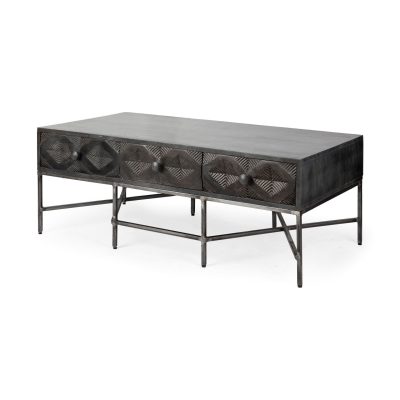 Hogarth 48x24 Rectangular Brown Solid Wood Top Iron Metal Base w/6 Drawers Coffee Table